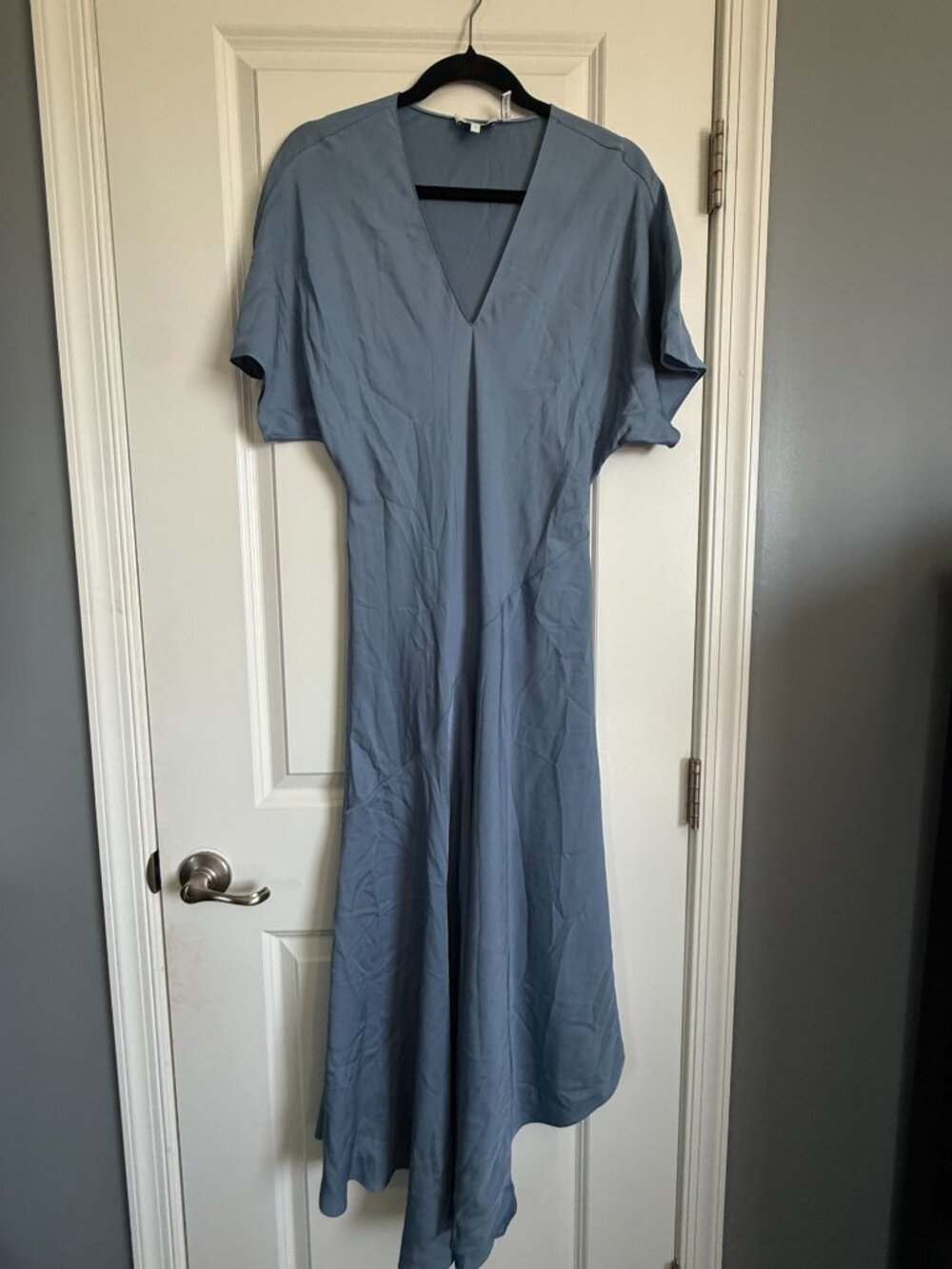 Theory Project 100% Silk V-Neck Short Sleeve Asymmetric Midi Maxi Dress Blue S - Picture 4 of 10